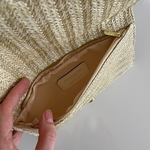 DIOR Tan Beige Woven Chain Bag raffia gold chain purse wristlet clutch LOGO - Picture 5 of 10